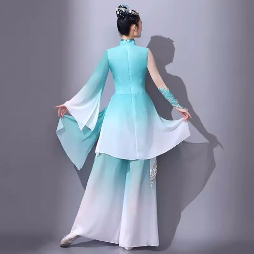 Turquoise green gradient Chinese folk Classical dance costumes for women girls chinese folk dance dress fairy hanfu art examination atmosphere fan umbrella dance wear